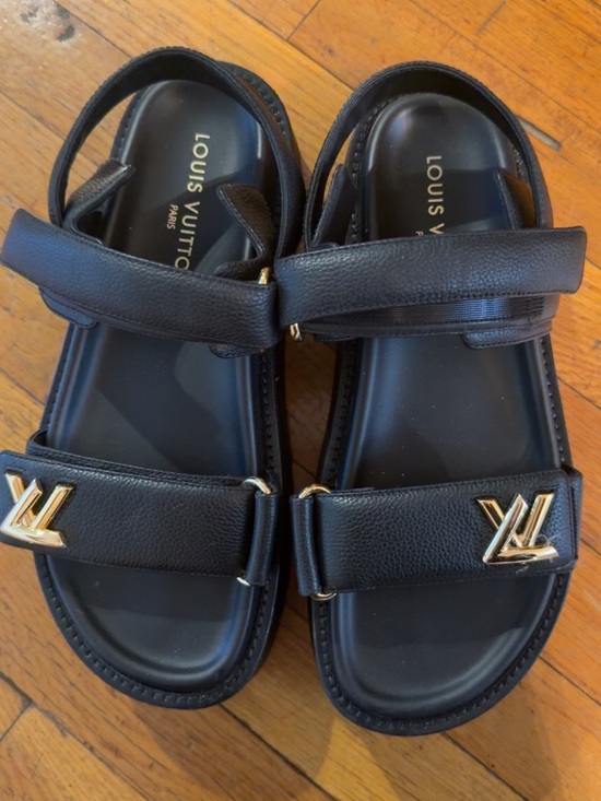 Louis Vuitton Shoes - Louis Vuitton Black Leather womens Sandals with Gold LV Hardware